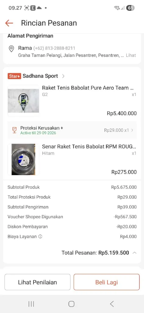 raket tenis babolat pure aero 2026 berat 285 gram L2